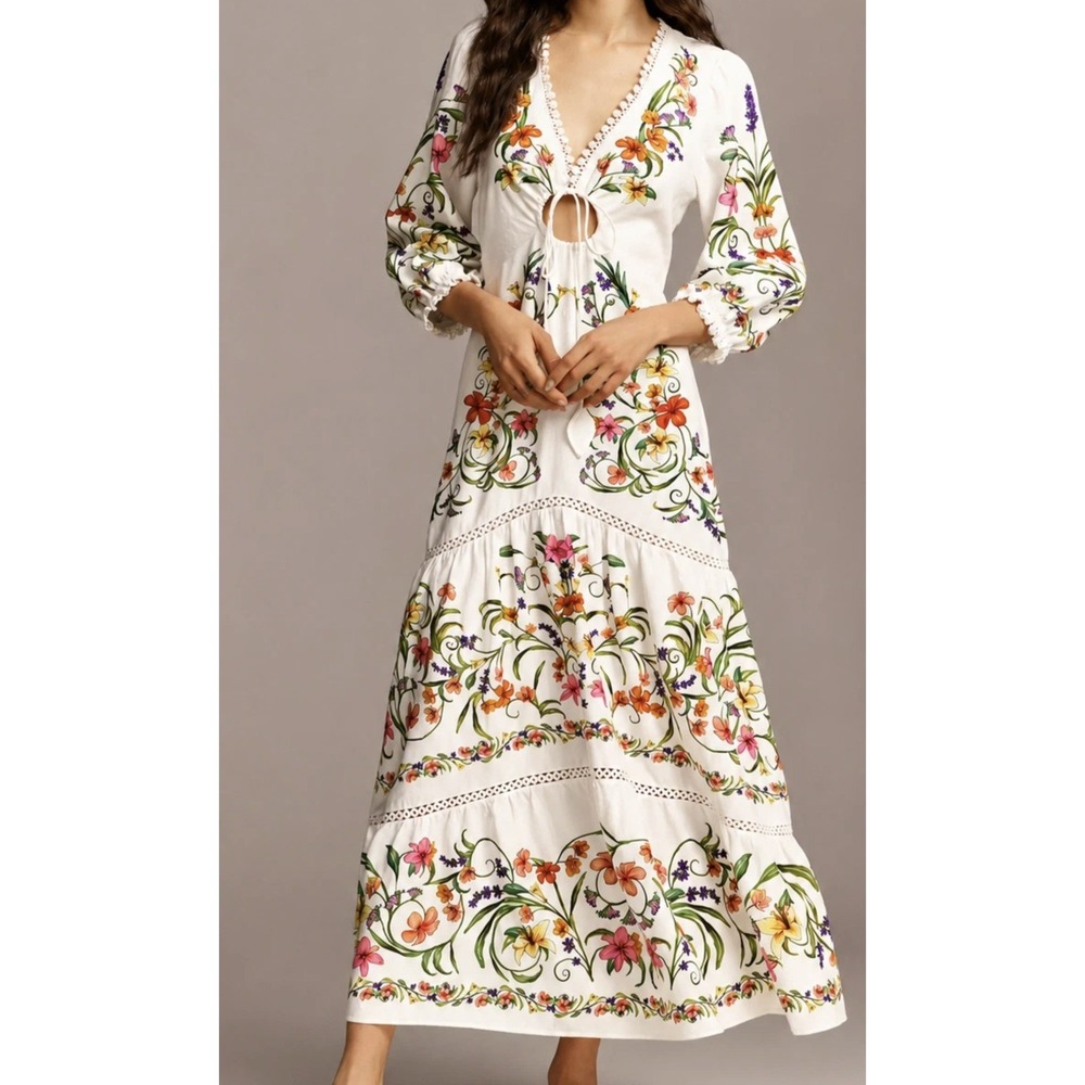 FARM RIO Long Sleeve Cutout Maxi Dress White Floral Embroidered Large Anthro